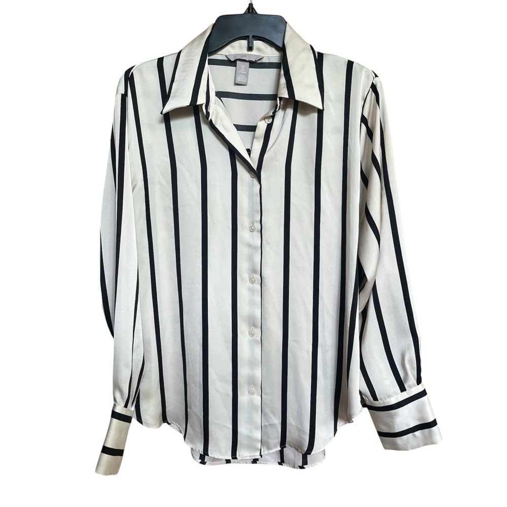 H&M Vertical Stripe Button Front Blouse Cream and Black Women’s Size Small